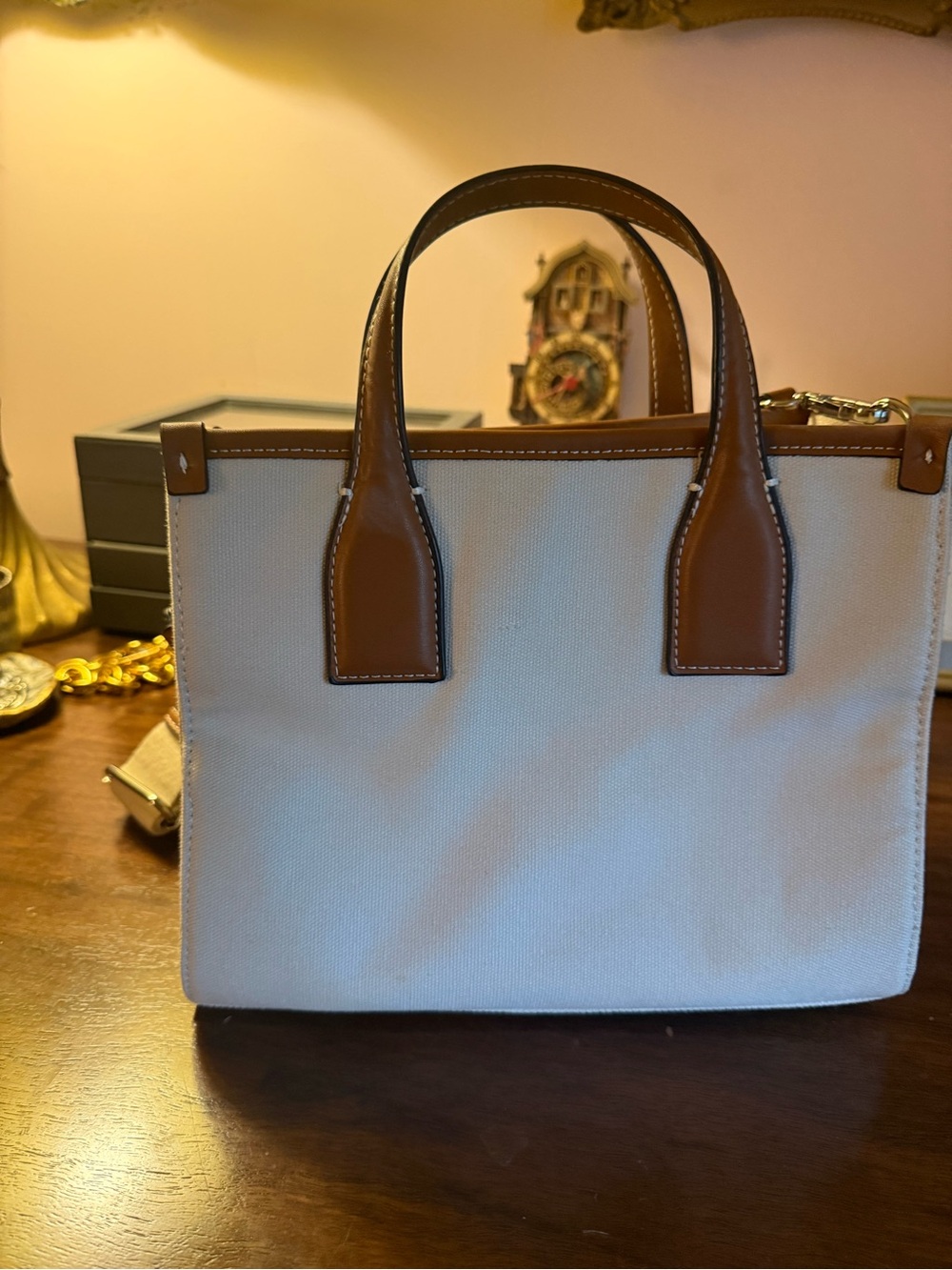 Zara Cream Canvas Crossbody Tote with Brown Trim